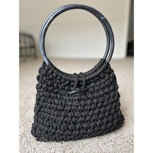 Vintage Crochet Hobo‎ Bag Black Knitted Purse Circle Handle Boho Chic